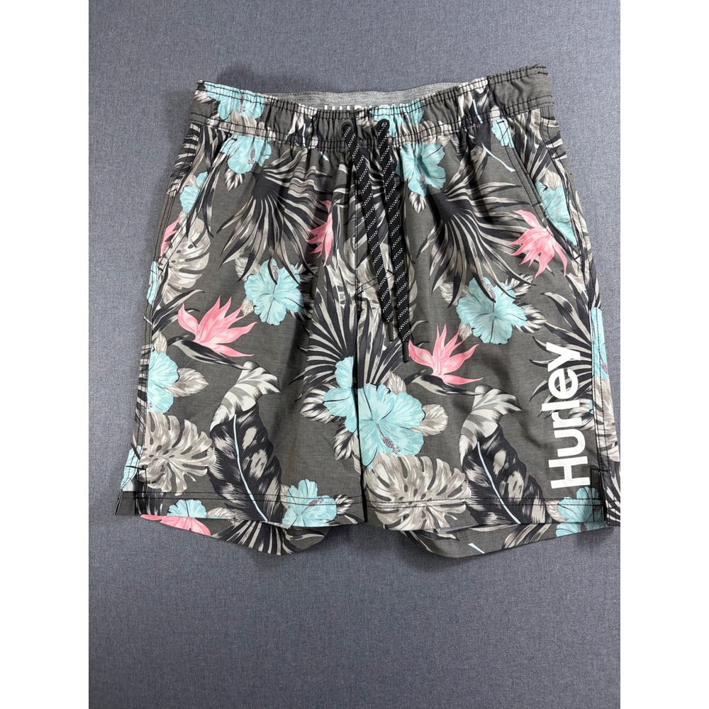 Hurley Mens Tropical Floral Swim Trunks Gray Teal Pink Board Shorts Size Medium